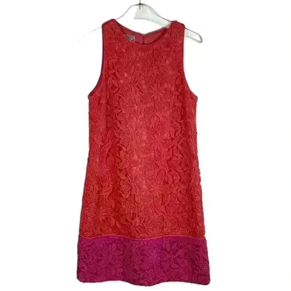 Phoebe Couture Women's Coral/Pink Lace Midi SIZE-10